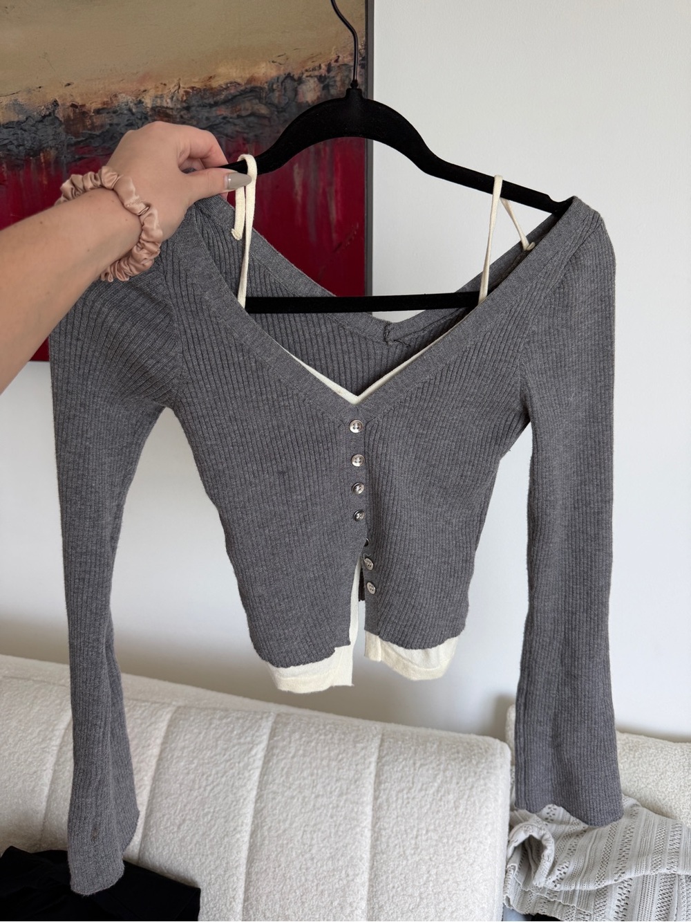 Womens Gray Ribbed Button-Front Sweater with Cream Trim